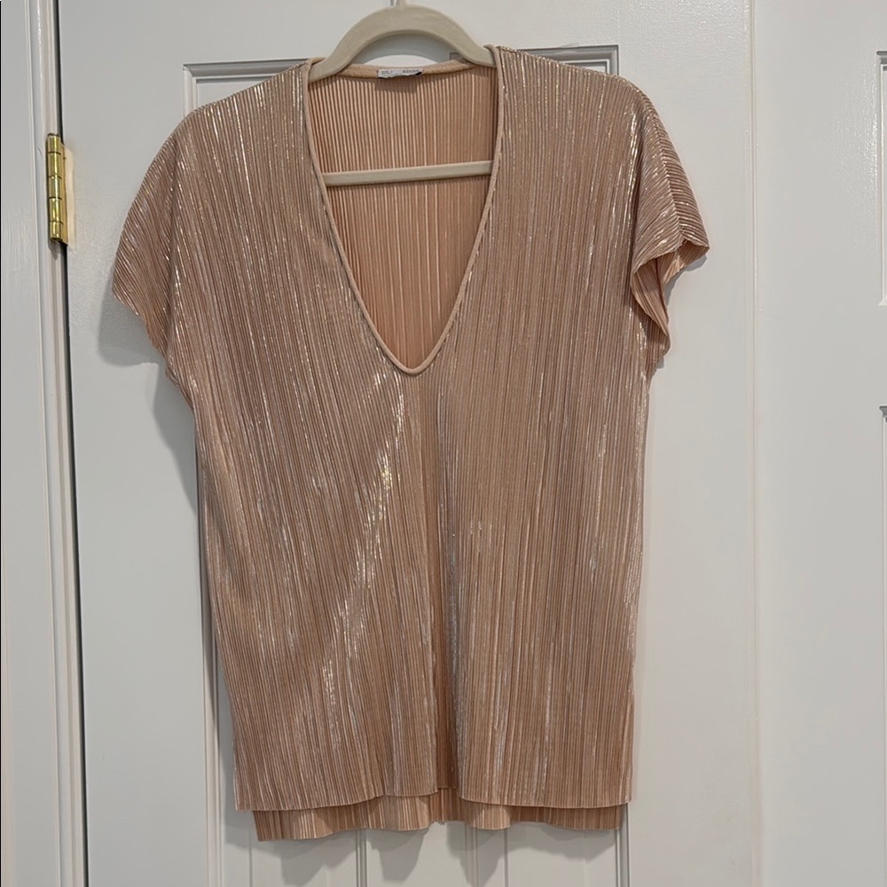 Zara Champagne Gold Plisse Short Sleeve